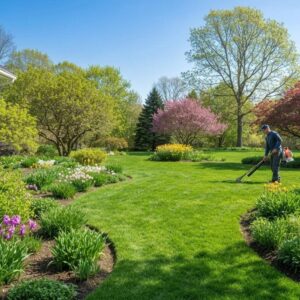 Spring yard cleanup in Massachusetts with a homeowner using gardening tools in a vibrant landscape