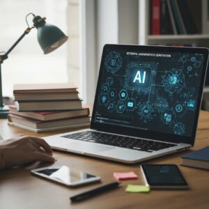 Image depicting a modern workspace with AI technology, emphasizing Retrieval-Augmented Generation