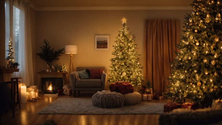 a cozy living room glows warmly, adorned with twinkling, battery-operated christmas lights draped elegantly around a festive tree.