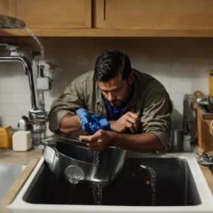 a plumber adjusts the equipment on a clogged kitchen sink, ready to clear the blockage.