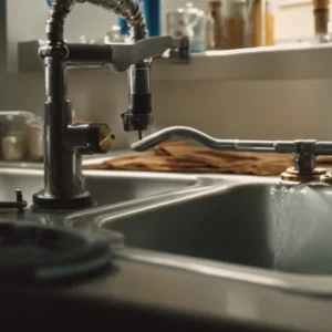 a plumber uses tools to fix a pipe under a kitchen sink, preventing a water leak.