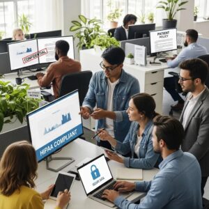 Digital marketing team collaborating on HIPAA-compliant strategies for addiction treatment centers