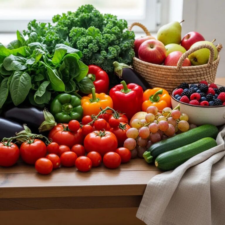 A colorful assortment of organic fruits and vegetables on a wooden table, highlighting healthy and sustainable food choices