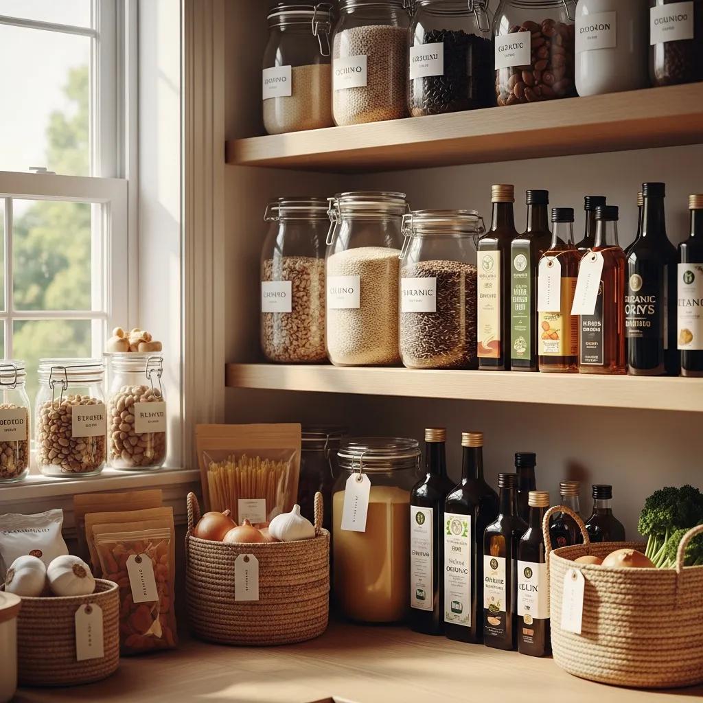 A well-organized pantry filled with essential organic staples like quinoa and brown rice, promoting healthy cooking and eating