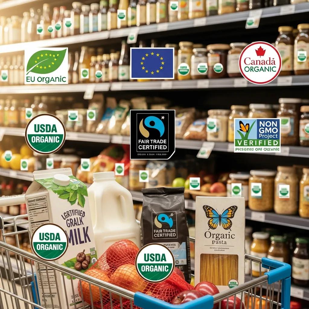 Various organic certification labels on food products in a grocery store, illustrating the importance of quality assurance in organic shopping