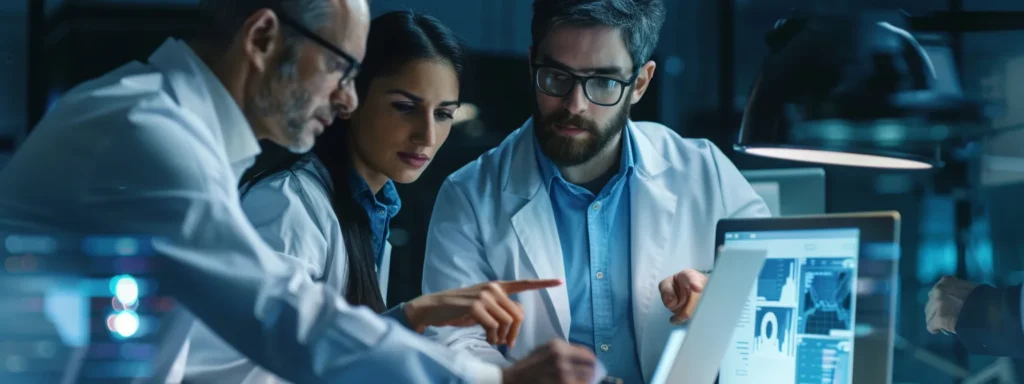 a group of business professionals discussing the benefits of peptides while pointing to an anchor symbol on a laptop screen.