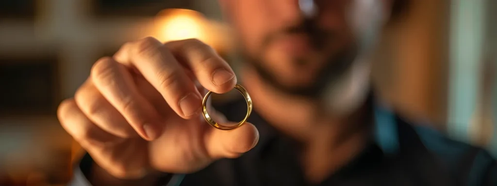 a man holding up a 10k yellow gold wedding band for inspection.