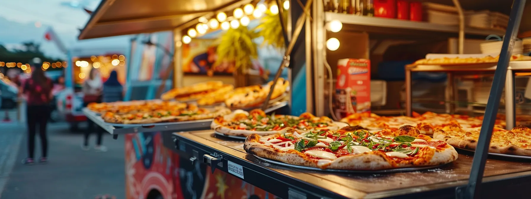 a vibrant mobile pizza cart serves fresh, aromatic pizzas to eager guests at an outdoor event.